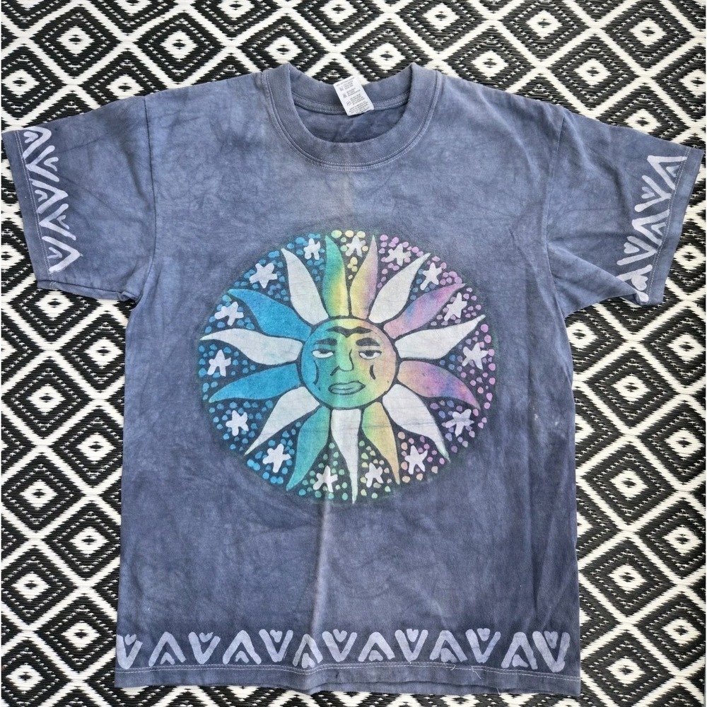 Sunshine Tie Dye T-Shirt Large BOHO Double Sided Sun Aztec Mayan Art 100% Cotton